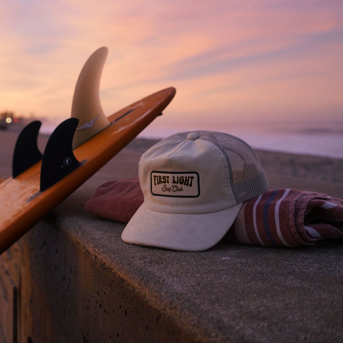 First Light Surf Club Corduroy Trucker Hat, surfboard and sunrise