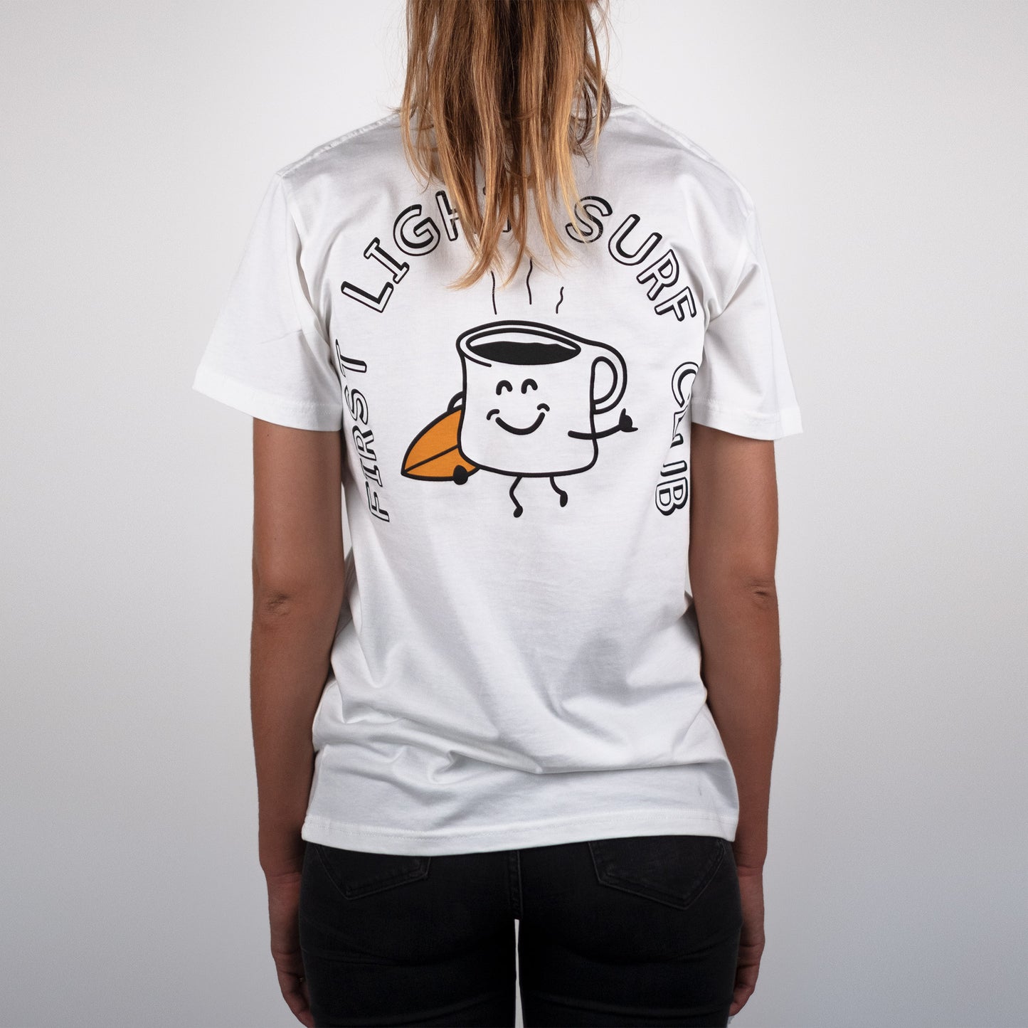 Model is 5'11" and is wearing a size Medium.. Natural White First Light Surf Club Coffee Mug Surfing Tee Shirt