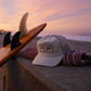 First Light Surf Club Corduroy Trucker Hat, surfboard and sunrise