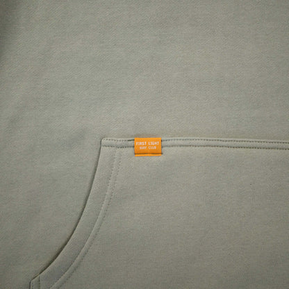 First Light Surf Club Dawn Patrol Hoodie Fleece Pistachio, Woven Label Pocket Detail