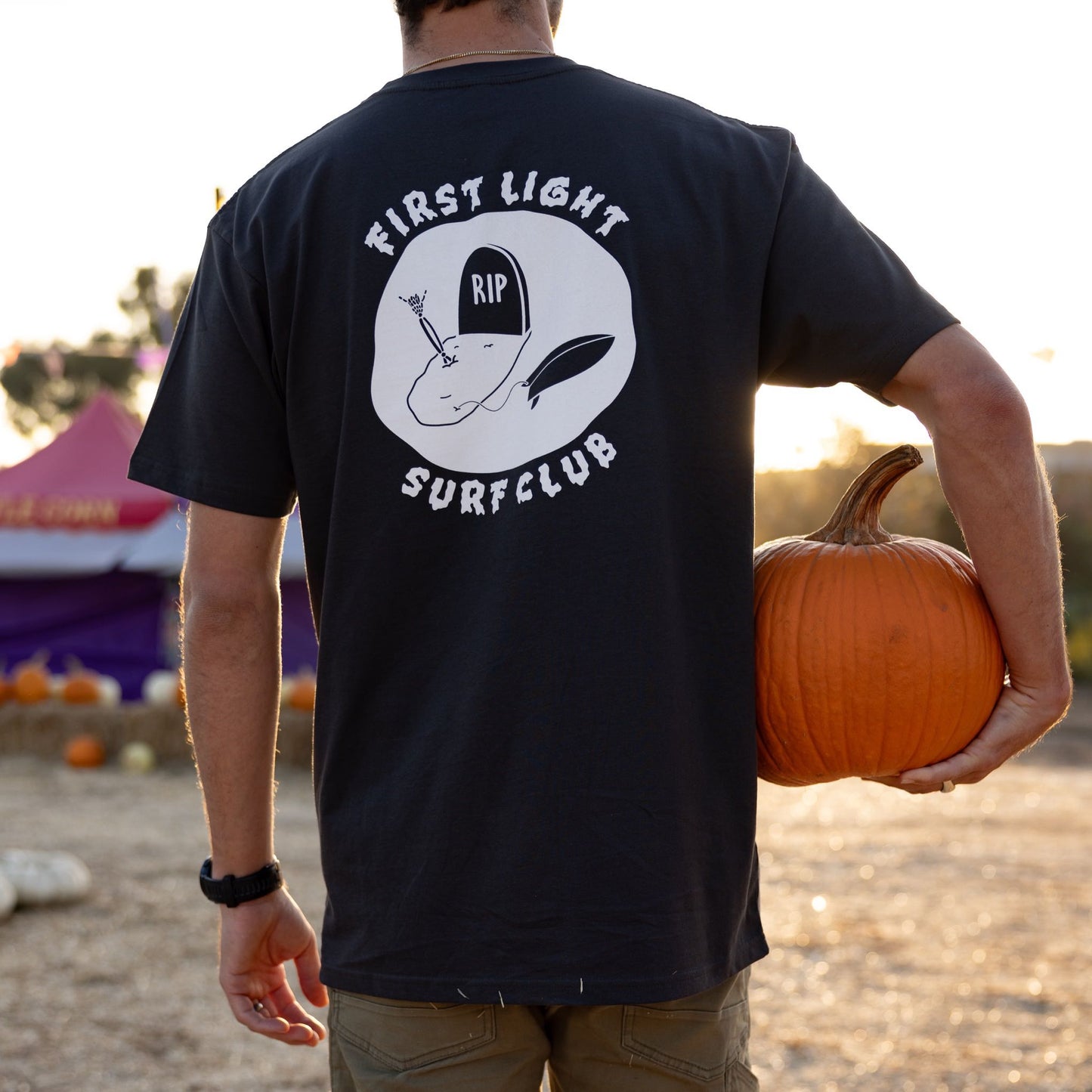 First Light Surf Club RIP Skeleton Shirt With Pumpkin Back