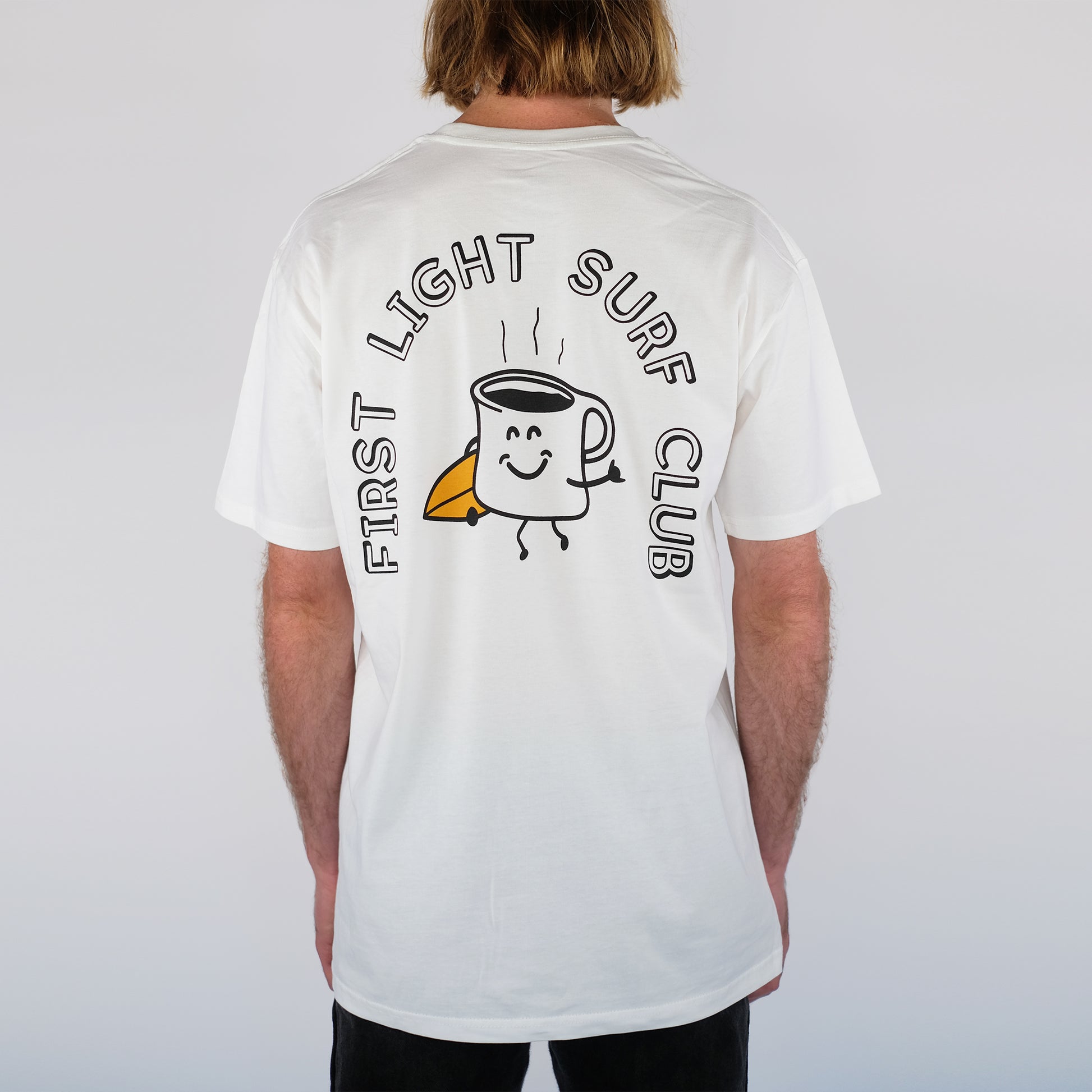 Model is 6'1" and is wearing a size Large. Natural White First Light Surf Club Coffee Mug Surfing Tee Shirt