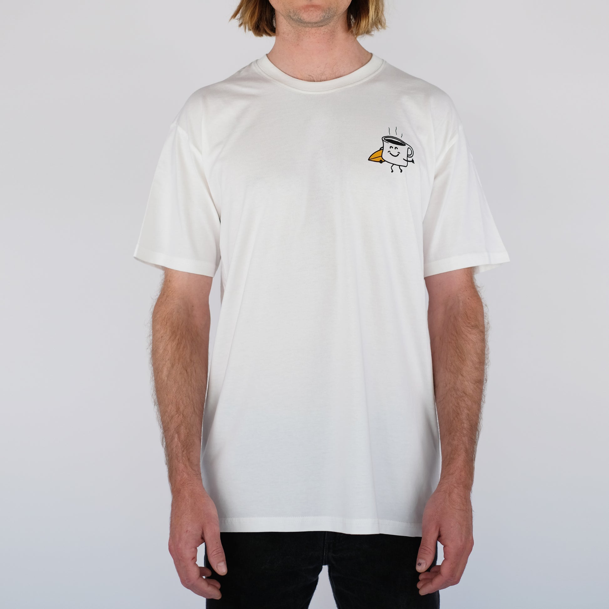 Model is 6'1" and is wearing a size Large. Natural White First Light Surf Club Coffee Mug Surfing Tee Shirt